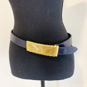 Vintage Navy and Gold Statement Belt Leather Big Buckle Womens Maximalist